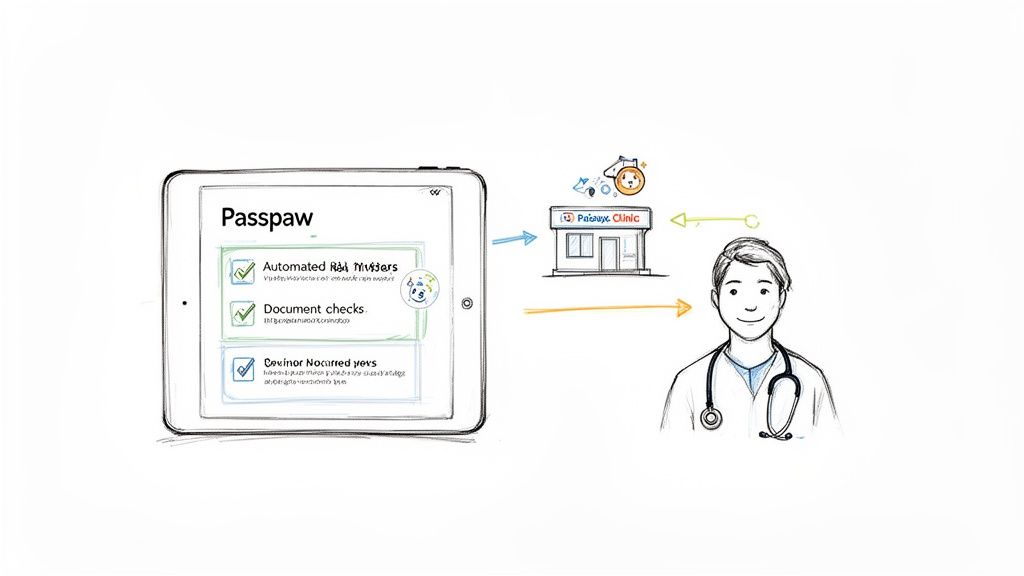 A sketch of the Passpaw app automating document and R&A checks for a clinic and doctor.