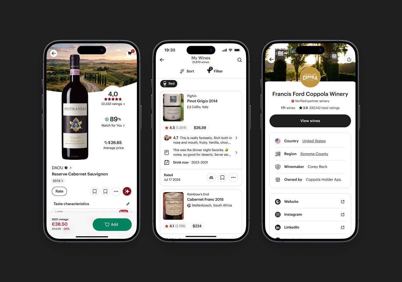 three mockups of vivino pages