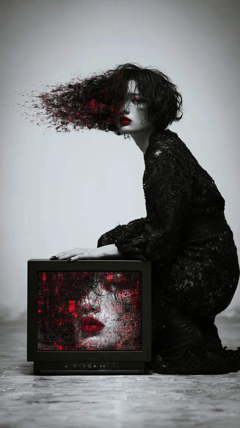 Immagine Smateriae con figura in nero, volto frammentato rosso e televisore CRT.
