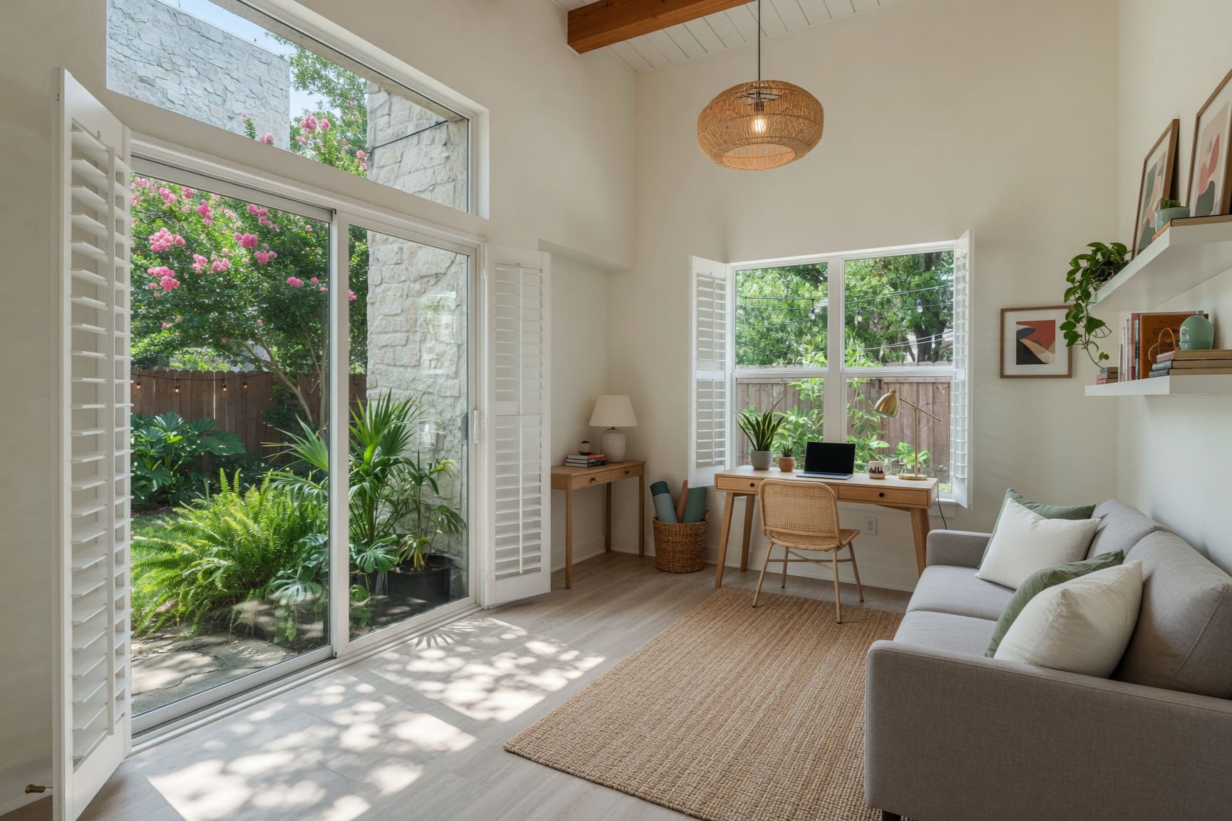 Bright home office with garden views and sliding glass doors