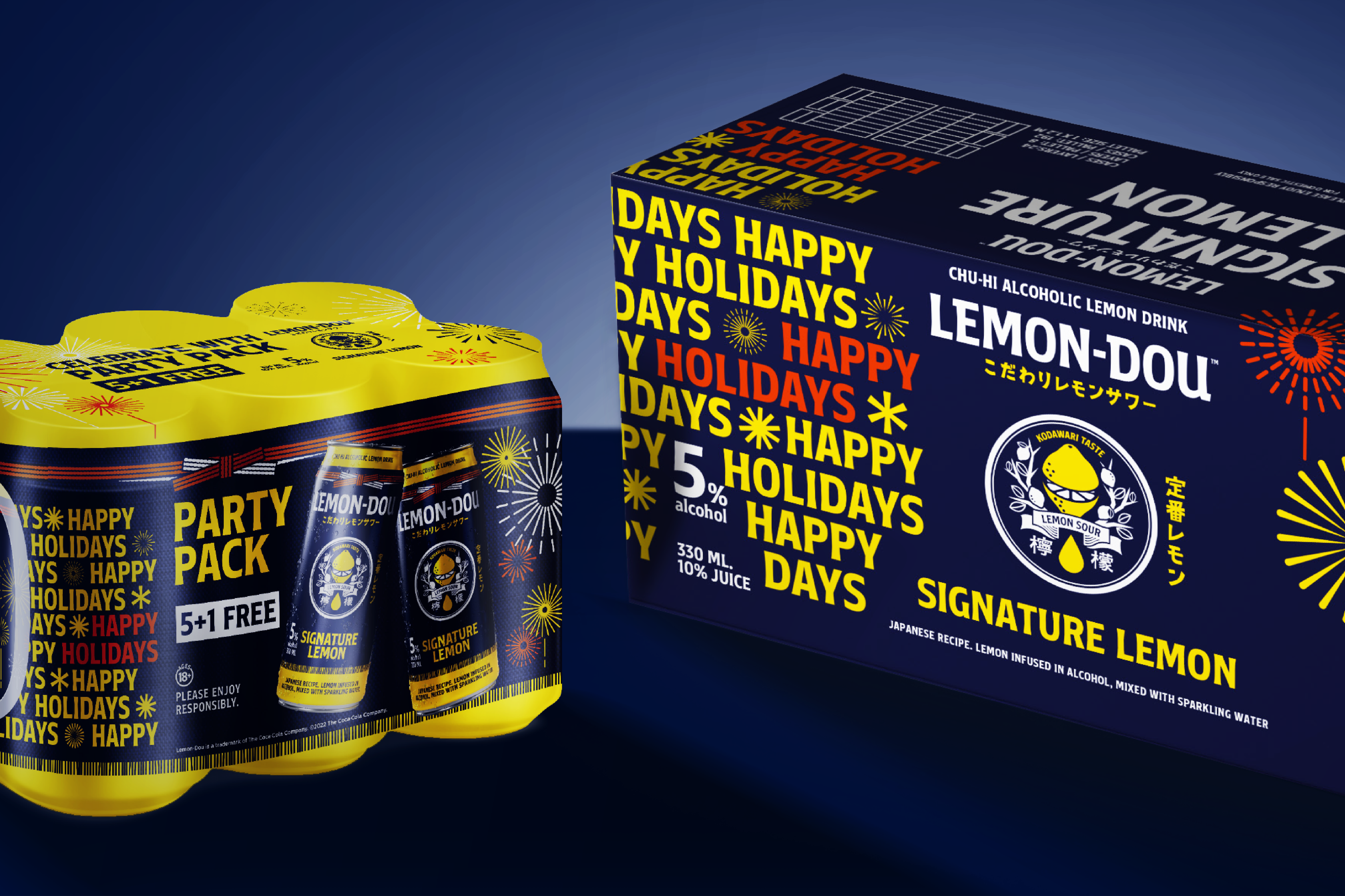 A pack of energy drinks featuring bright yellow and blue packaging, showcasing their brand and flavor options.