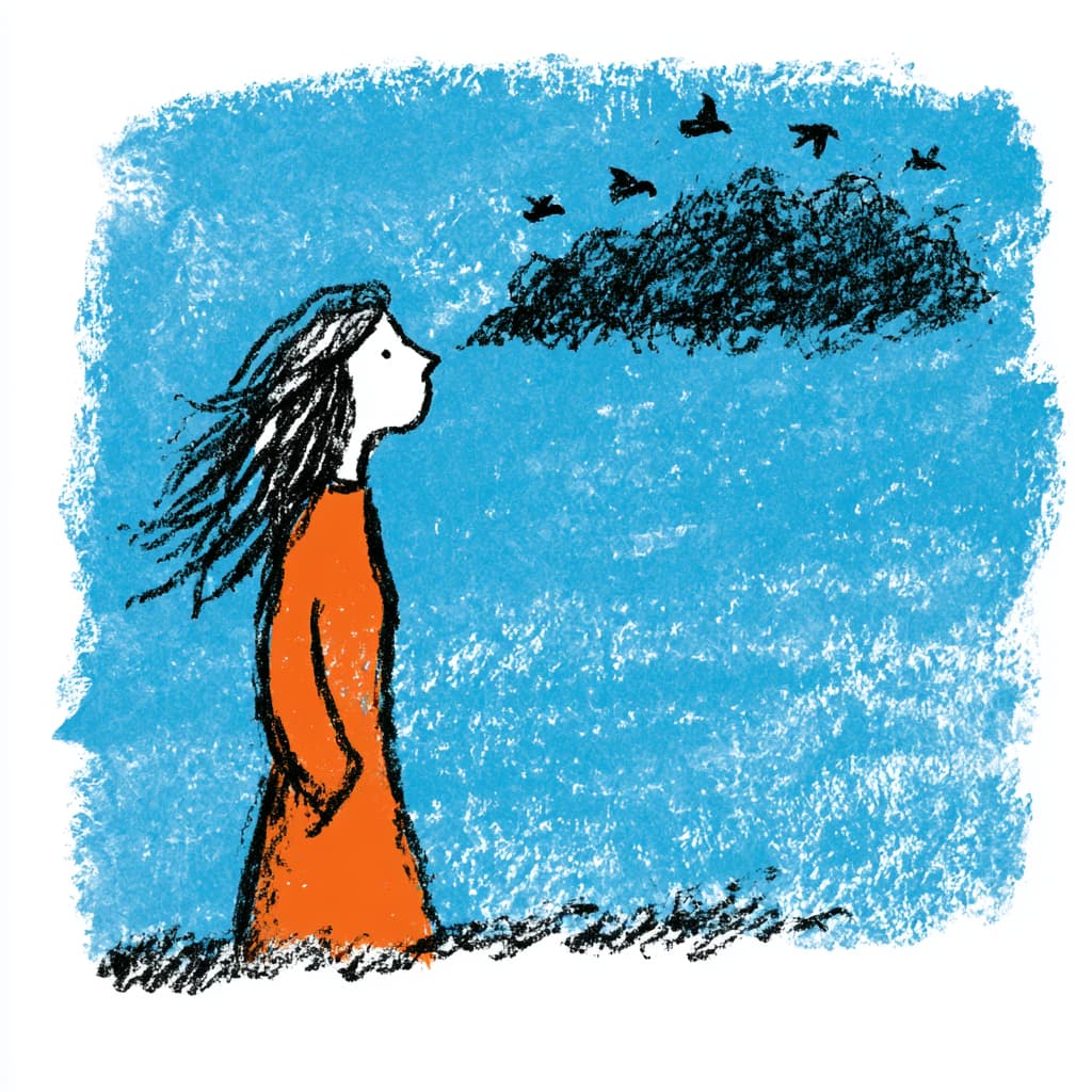 Whimsical Aquarell-Illustration einer Frau, die dunkle Angstwolken wegbläst, die zu Vögeln werden – Hypnose bei Ängsten Konstanz