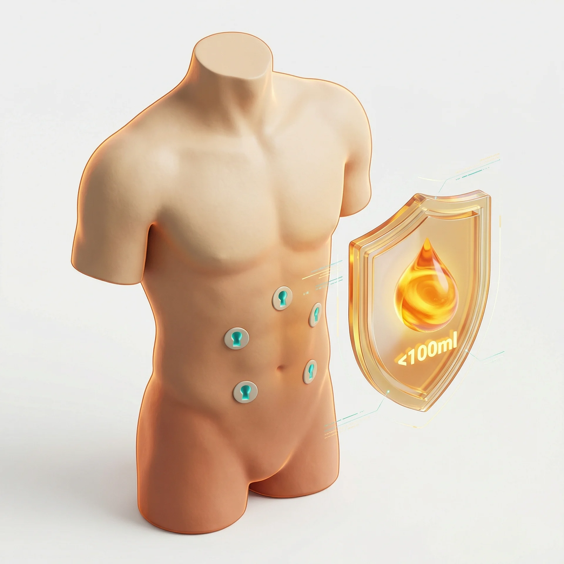 3D torso schematic: बड़े टेराकोटा चीरा के साथ उच्च तरल हानि कंटेनर, पारंपरिक ओपन सर्जरी से कमी दर्शा रहा है।