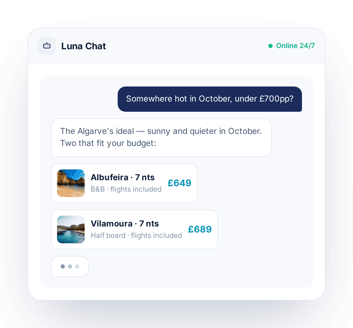 Luna AI concierge booking assistant mockup