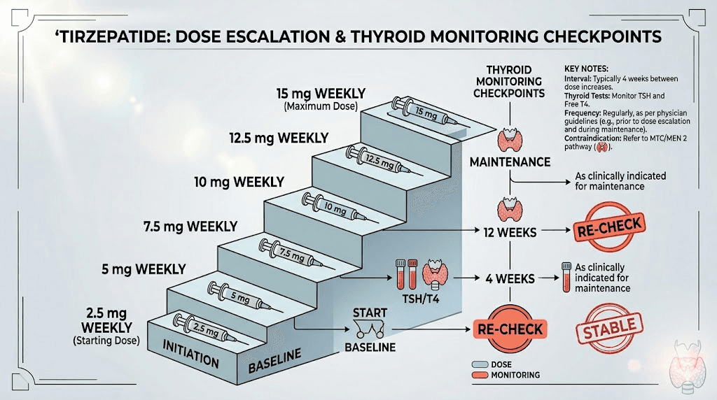 Tirzepatide dose escalation with thyroid monitoring checkpoints