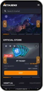 Metasens mobile app official store UI showing PT ticket with 10% discount and NFT items on dark purple background	