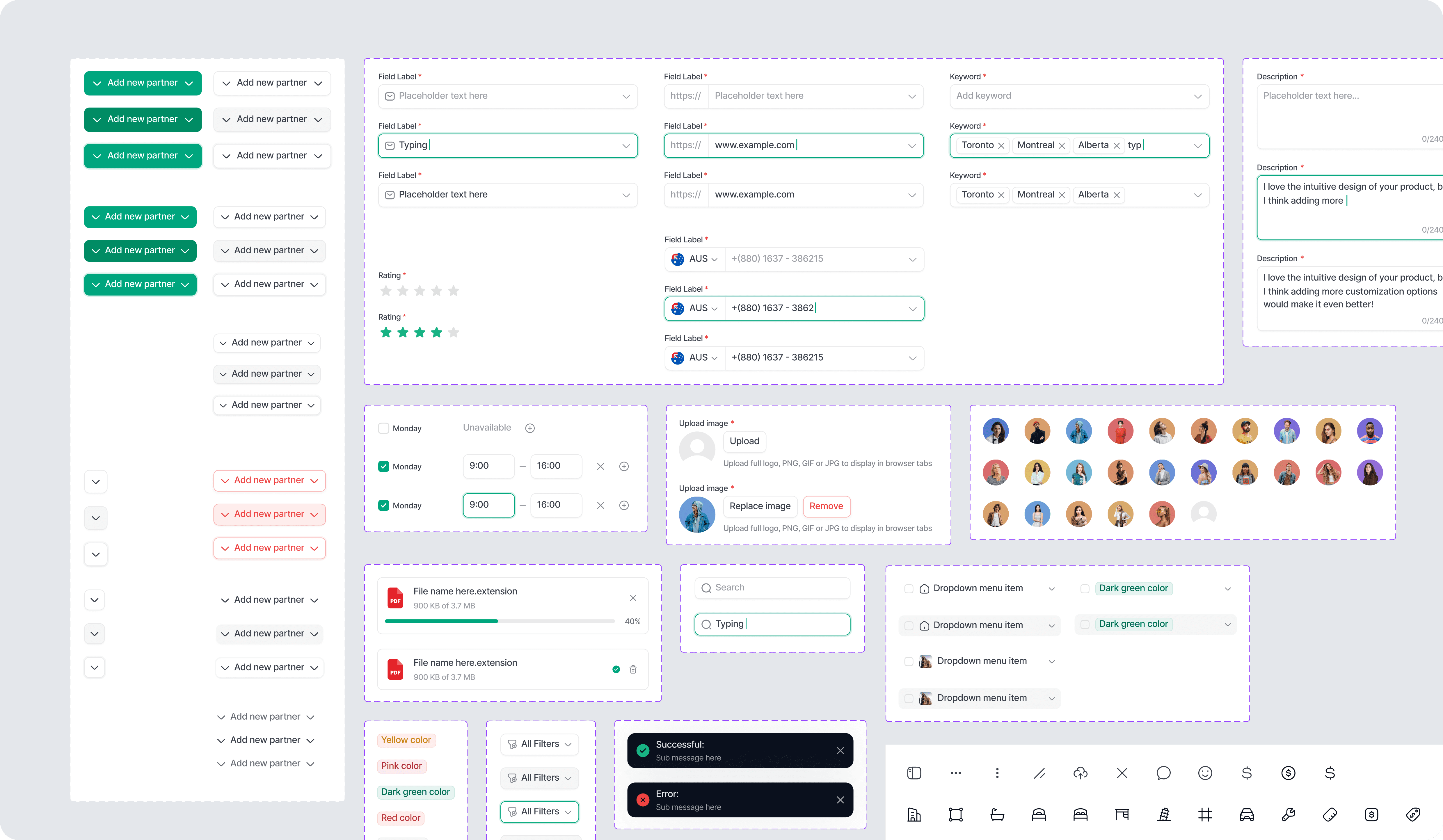 Comprehensive design system components library including form fields, filters, dropdowns, tags, upload modules, notifications, and UI patterns for SaaS scalability.