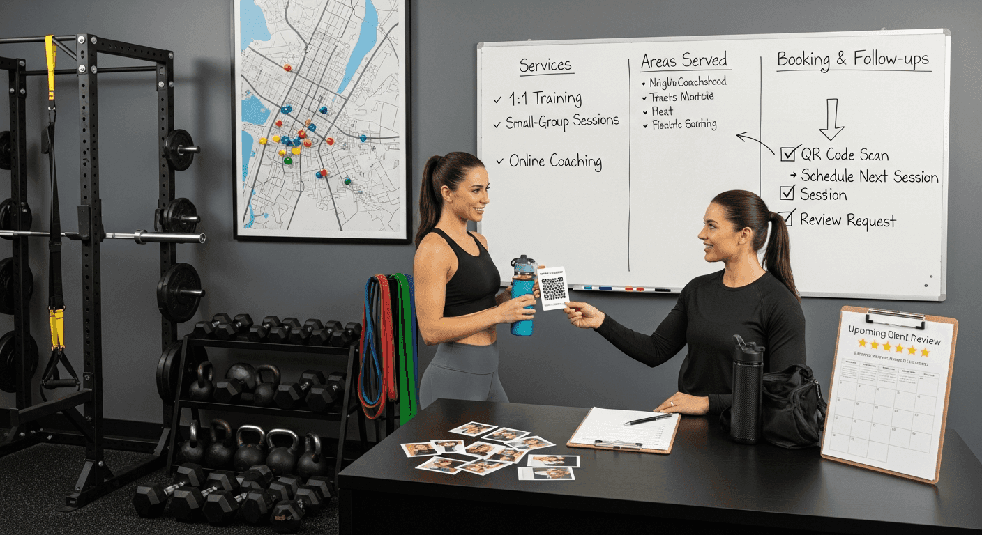 A personal trainer handing a client a QR code card inside a fitness studio, with service lists, areas served, and review reminders displayed on a whiteboard, illustrating a beginner-friendly SEO content strategy for personal trainers focused on service pages, local relevance, and trust-building content.