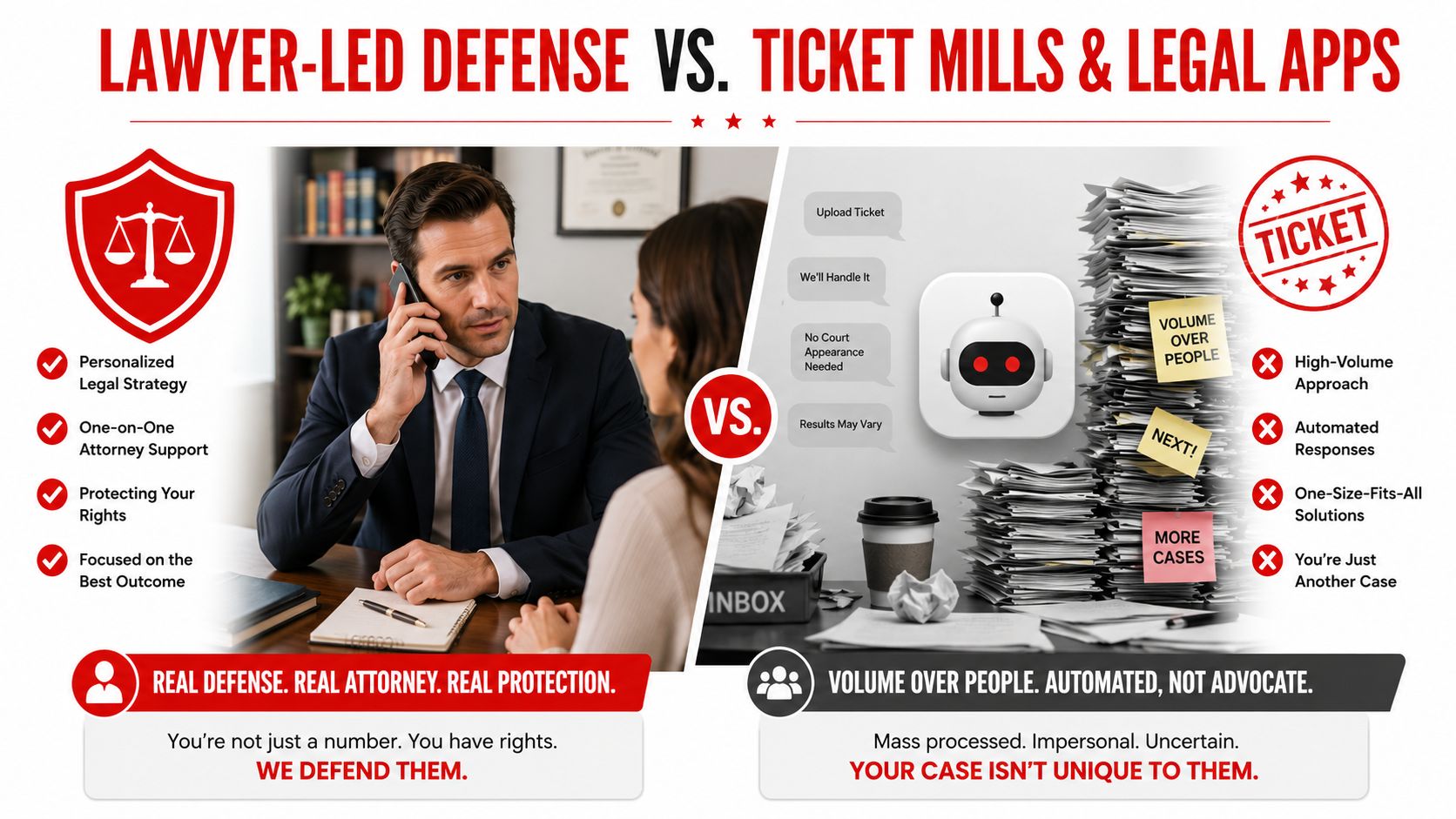 A comparative graphic showing the benefits of personal attorney-led legal defense versus impersonal automated ticket apps.