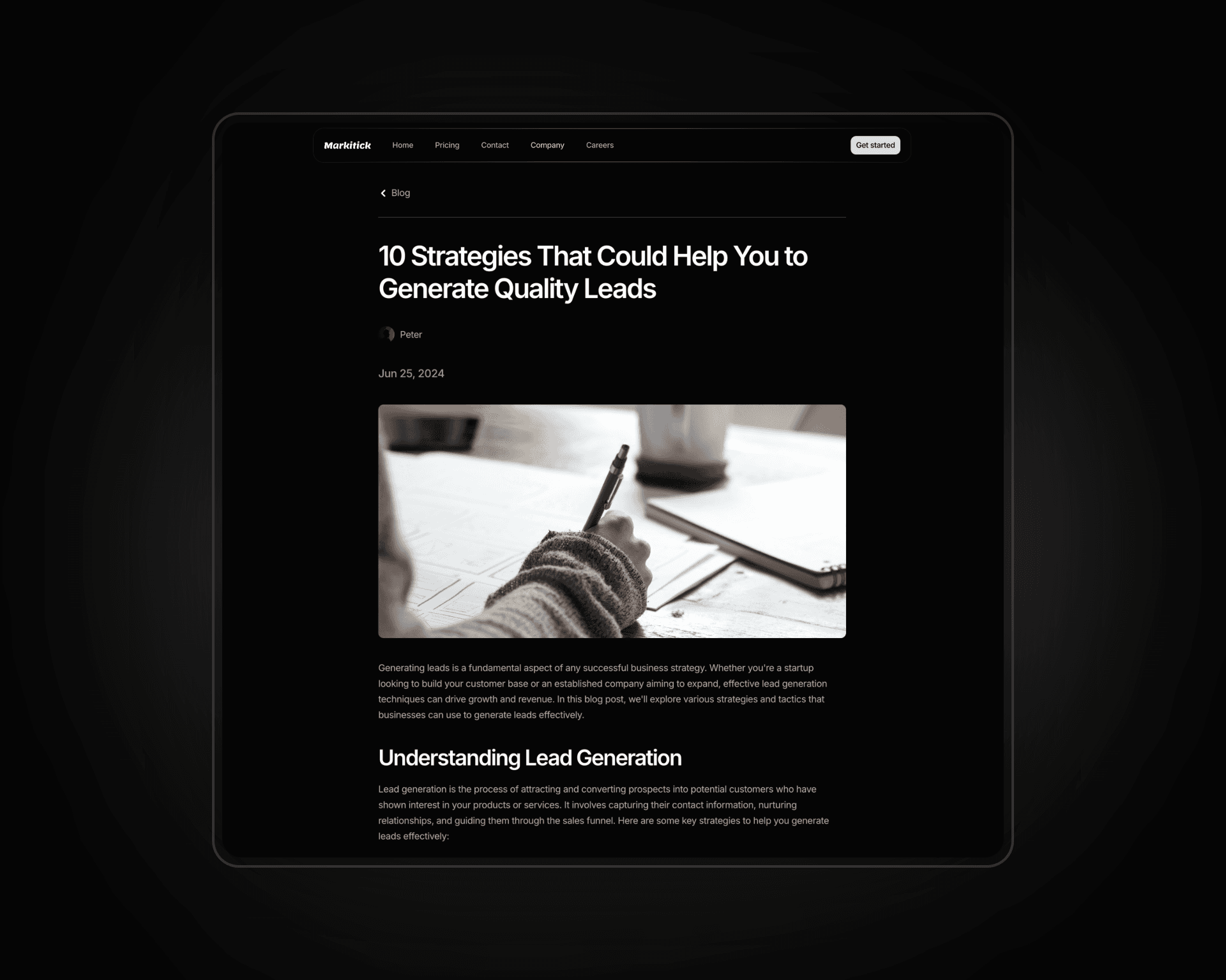 marktick, a framer dark themed website template blog detail page mockup