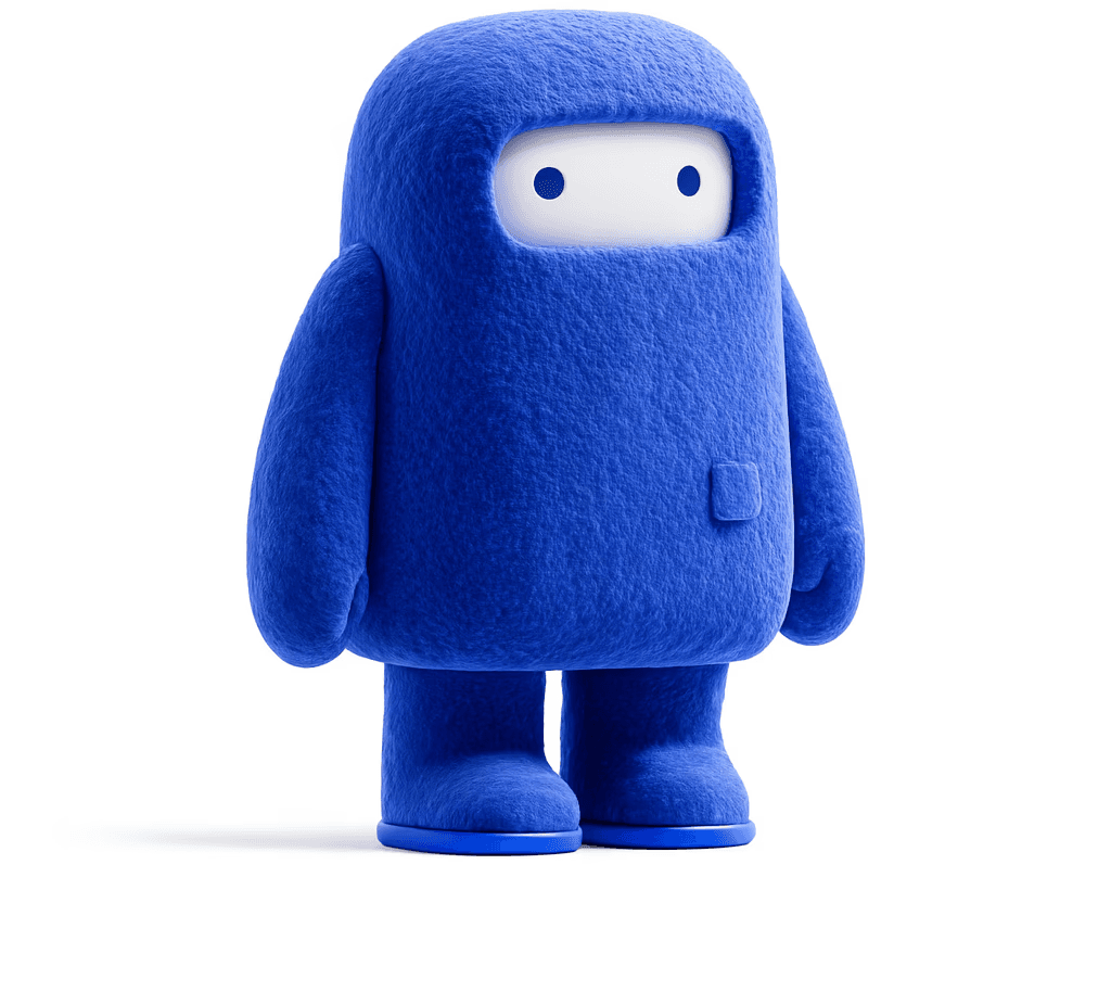 A cute 3D plush character in bright blue with a simple face and rounded limbs, standing on a white background.