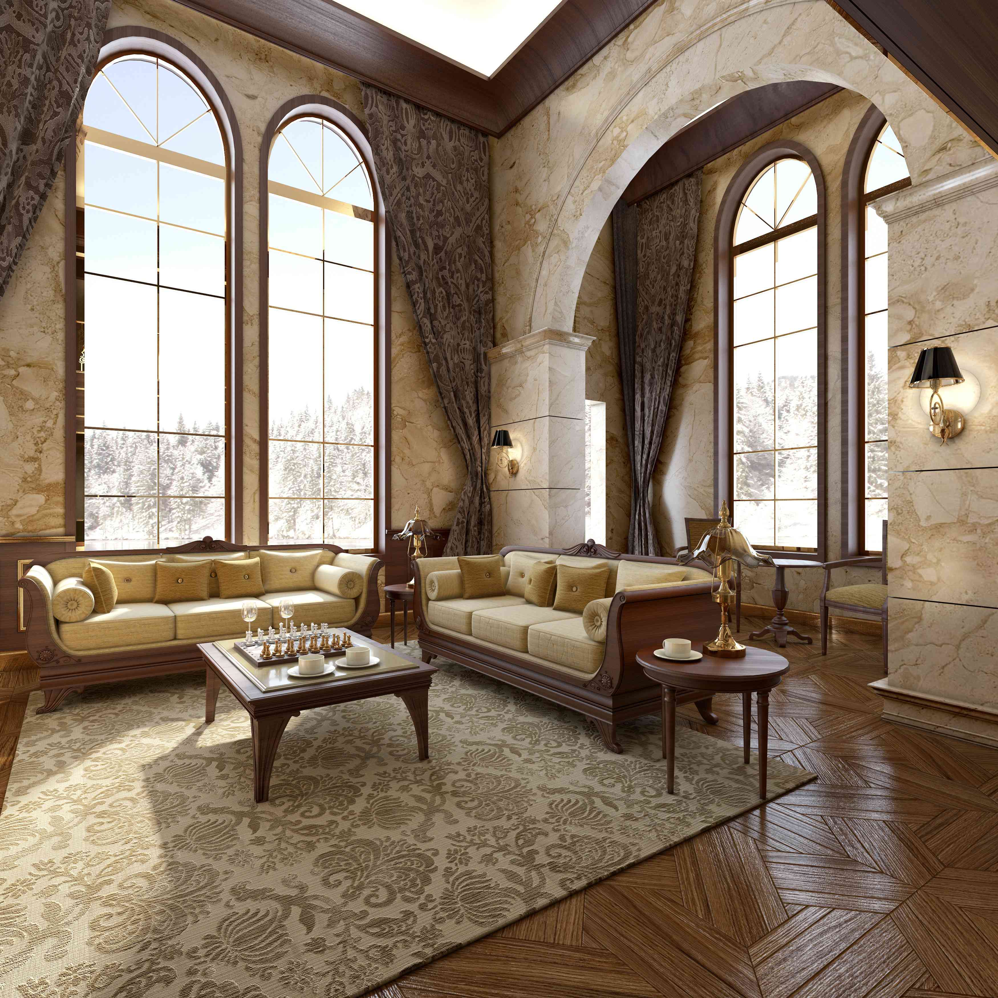 A luxurious living room with large arched windows, marble walls, and elegant furniture, exuding a classic European-style ambiance.