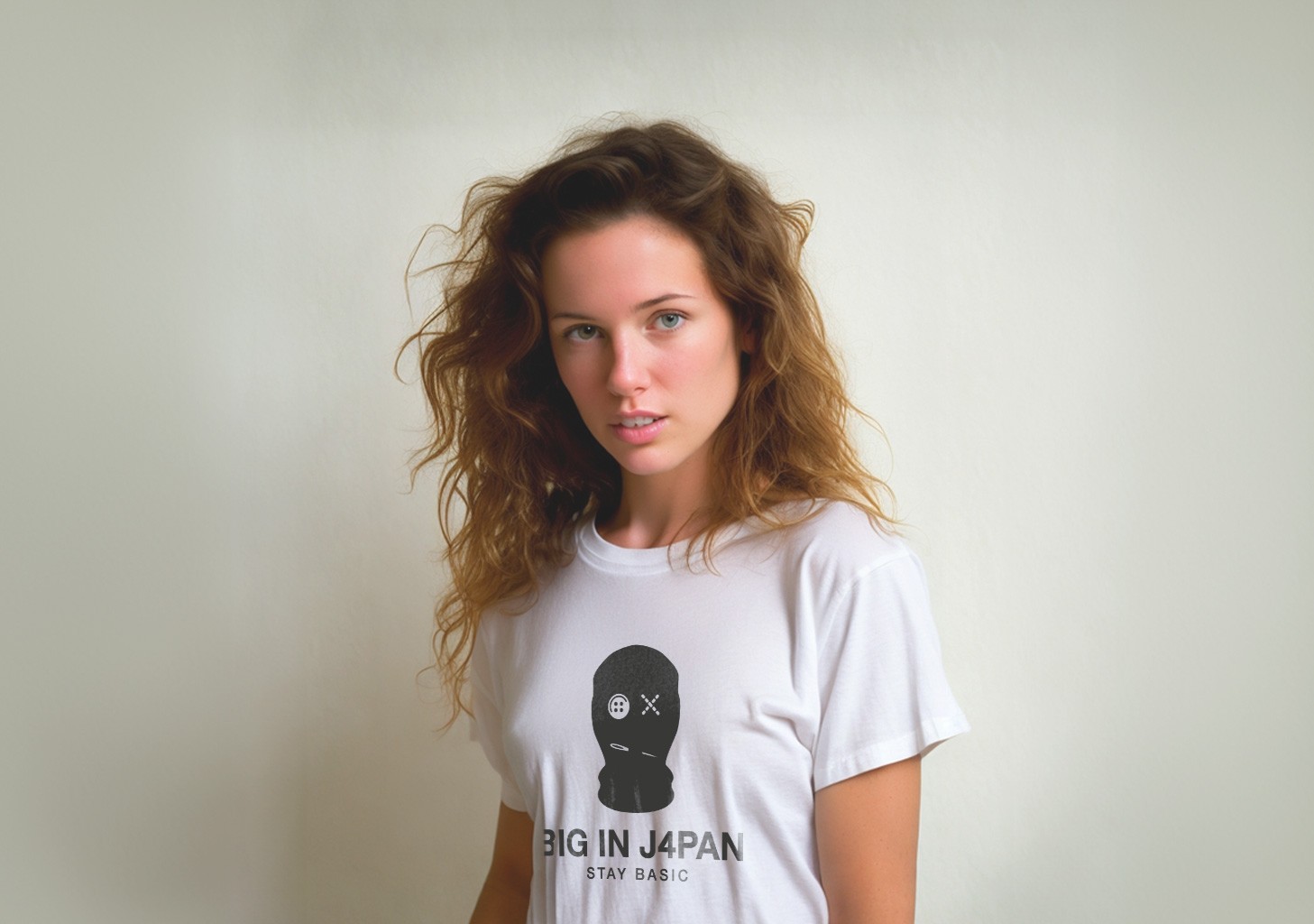 Young woman with white t-shirt with full logo of Big In Japan on it