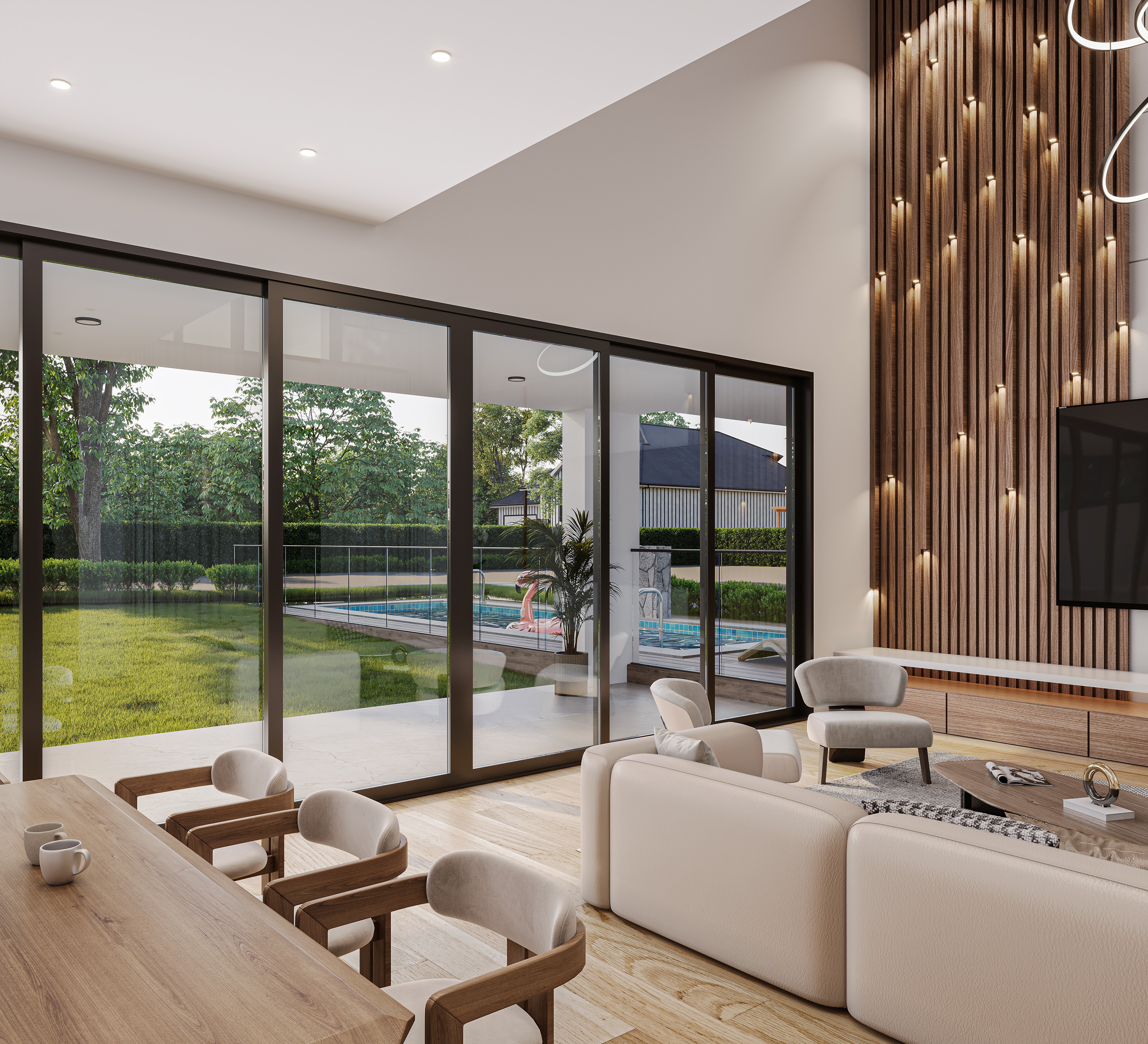 Interior render of a modern living space with arched black-framed windows and exposed brick walls.