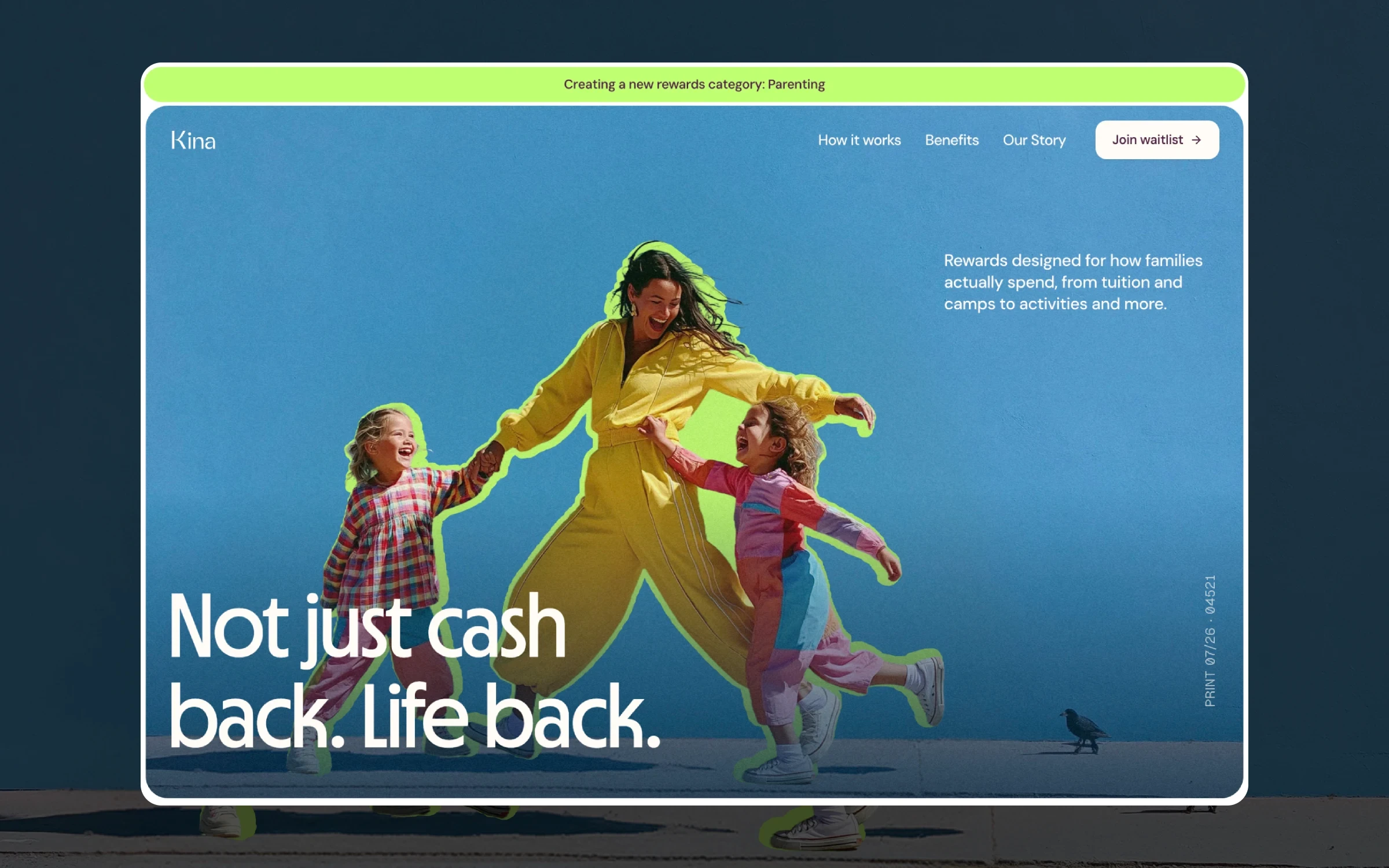 Kina hero with a cut-out photo of a mother and kids for a parenting rewards program, web design by Luna UI