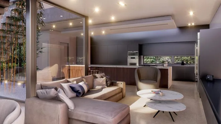 Open-plan kitchen and living area with floor-to-ceiling glazing, Meridian Avenue residence Miami Beach