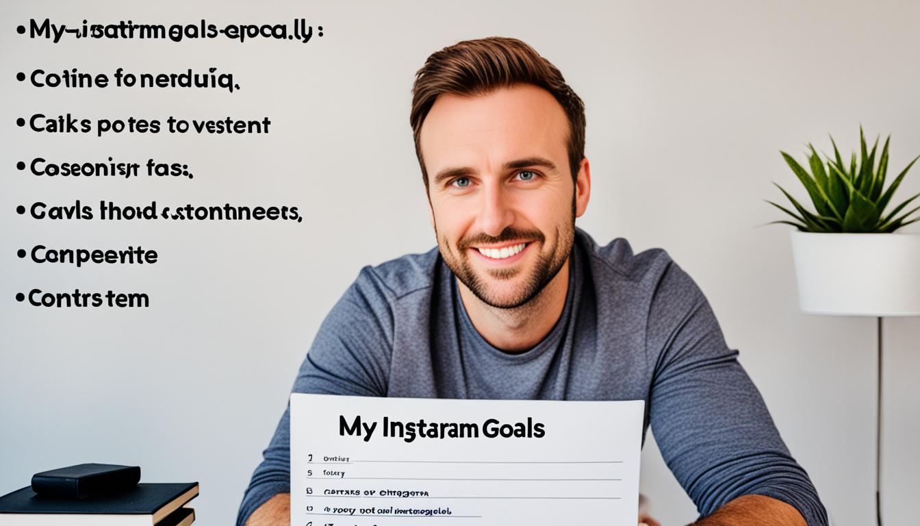 Create an image of a person setting goals for their Instagram strategy. The person should be sitting at a desk with a notebook and pen in front of them. The notebook should be open to a page titled "My Instagram Goals" and there should be multiple bullet points listed underneath it. The person should have a determined expression on their face, with their hand resting on their chin as if deep in thought about their goals. There should also be other items on the desk, such as a laptop, a plant, and a cup of coffee, to create a cohesive and inviting aesthetic.