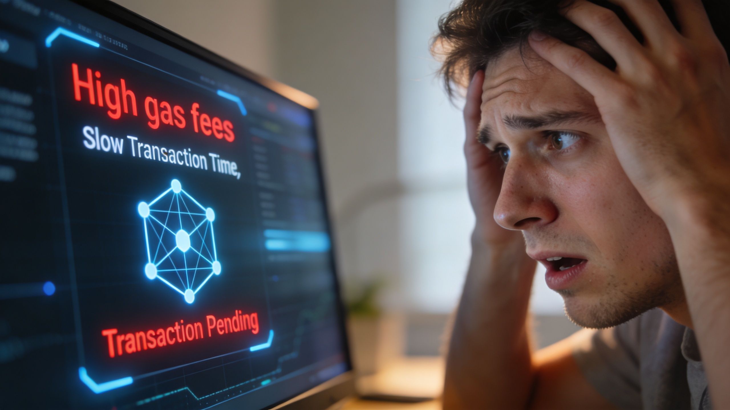 A stressed man looking at a computer screen displaying high gas fees and a pending transaction.