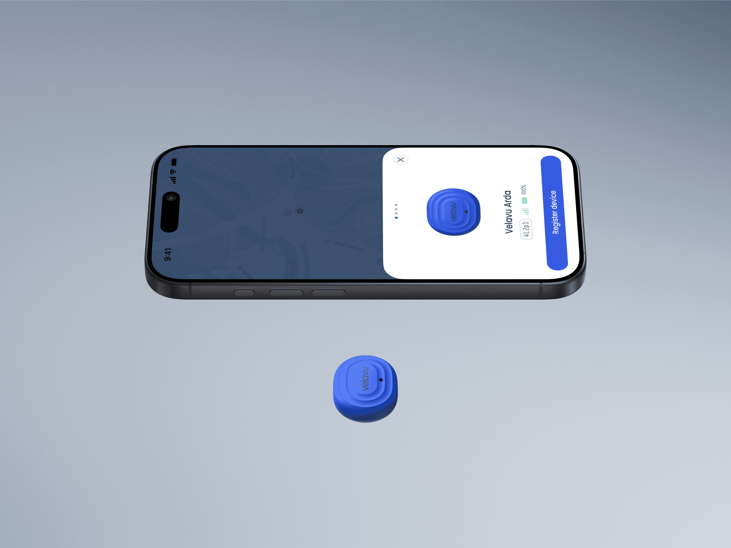 Velavu Arda device shown next to the Velavu mobile app showing the setup user interface flow