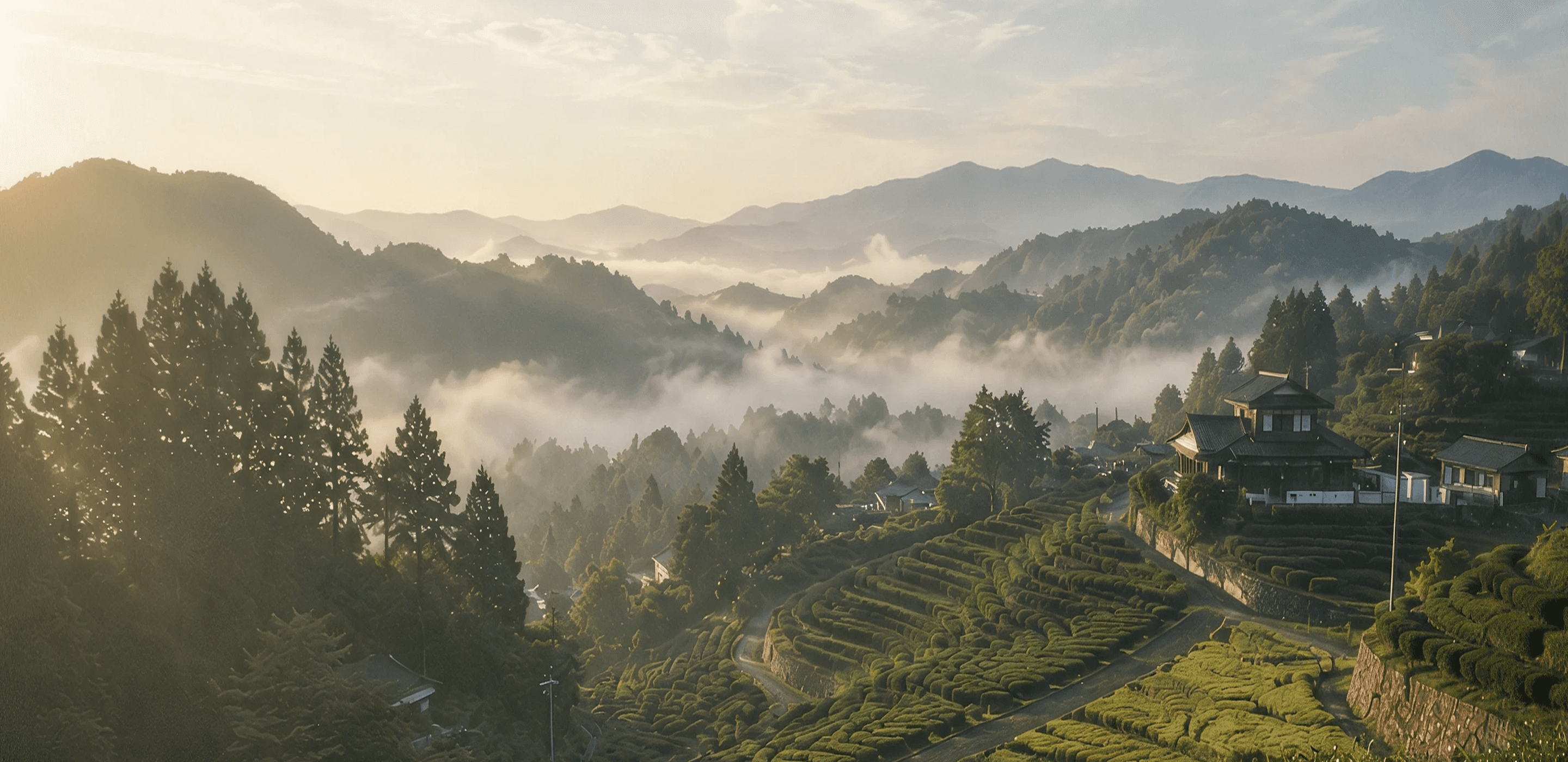 Mori Matcha case study cover, terraced tea fields and misty mountains