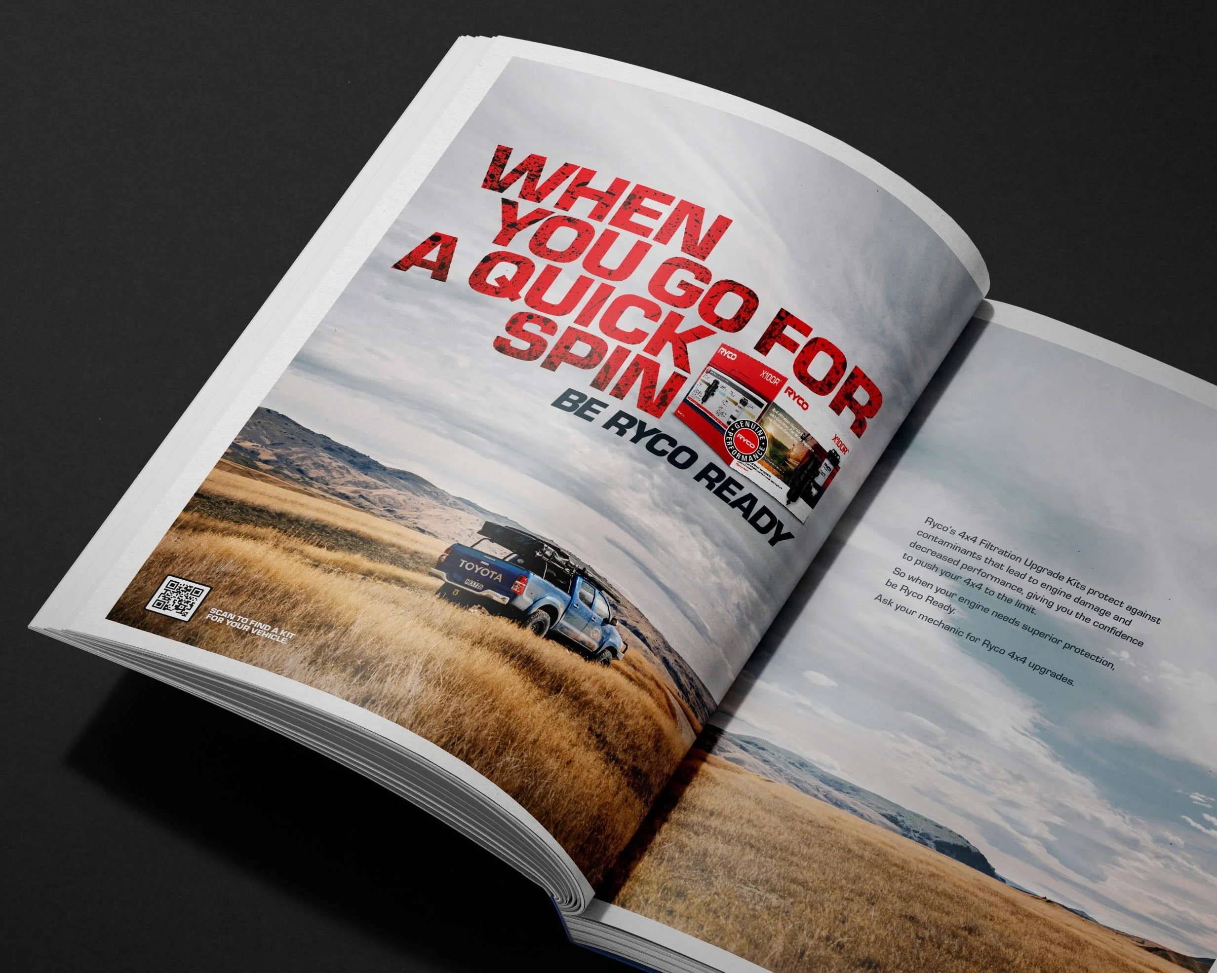 Ryco magazine spread: 'When you go for a quick spin. Be Ryco ready.' with a Toyota 4WD in golden grassland