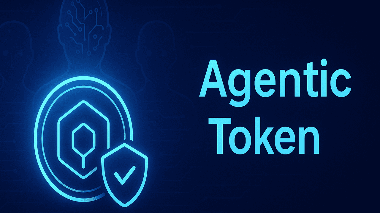 Blaue Neongrafik eines Sechsecks mit Schild und Häkchen. Der Text lautet „Agentic Token“, auf dunklem Hintergrund mit Silhouetten.