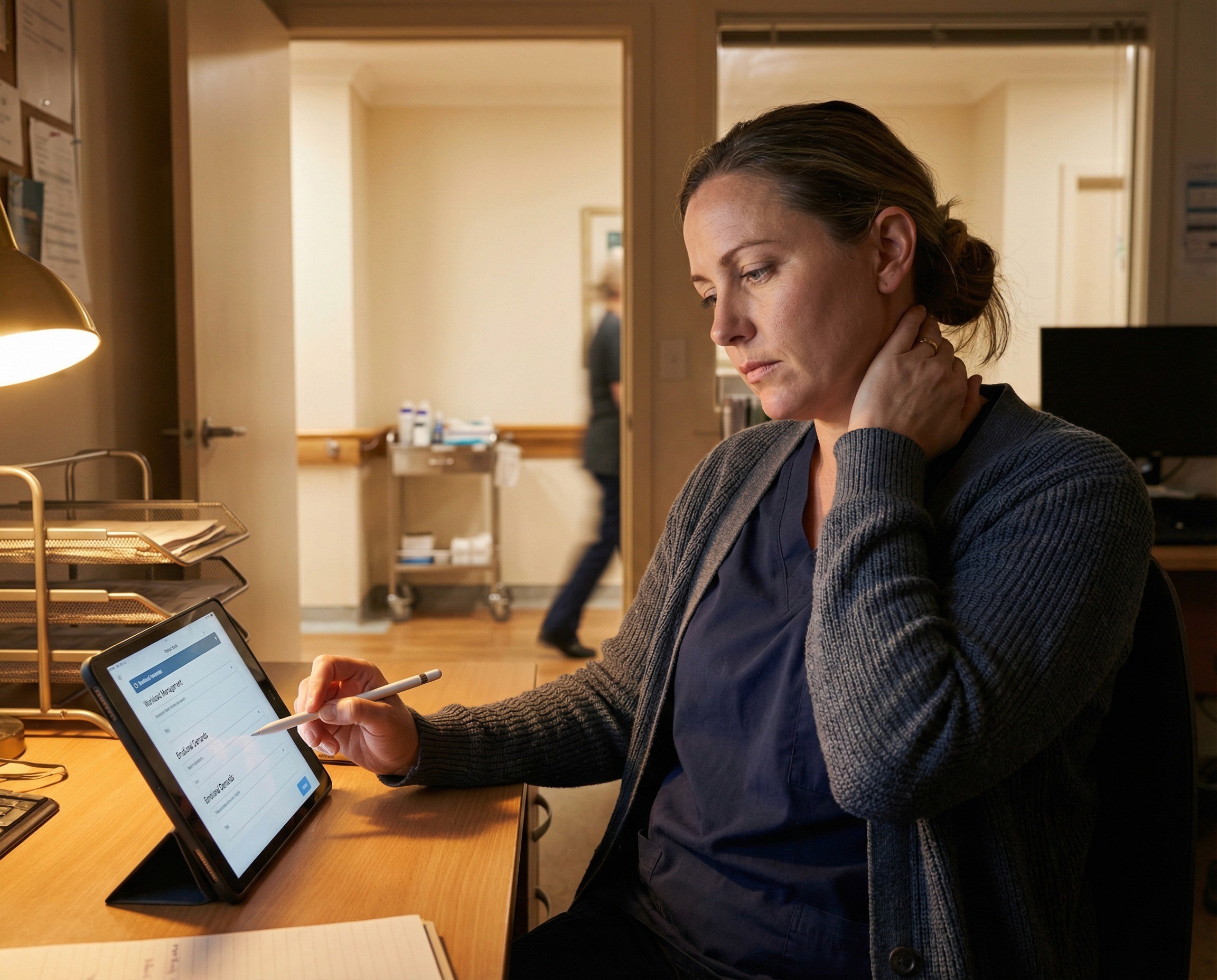 A quiet, grounded shot of an aged care nurse in her late 30s sitting in a small staff office at the end of a long shift, still in her scrubs with a cardigan pulled on over them, completing a psychosocial survey on a tablet propped against a desk organiser. Her body language tells the story of the hazards the survey is capturing: she is tired but composed, one hand scrolling slowly through the survey, the other rubbing the back of her neck — the accumulated weight of occupational violence from residents with dementia, the emotional demands of end-of-life care, the understaffing that means she covered two sections today, the shift pattern that has her back at 6am tomorrow.