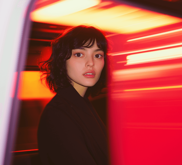 A woman with black hair seated in a car, gazing forward with a calm demeanor.