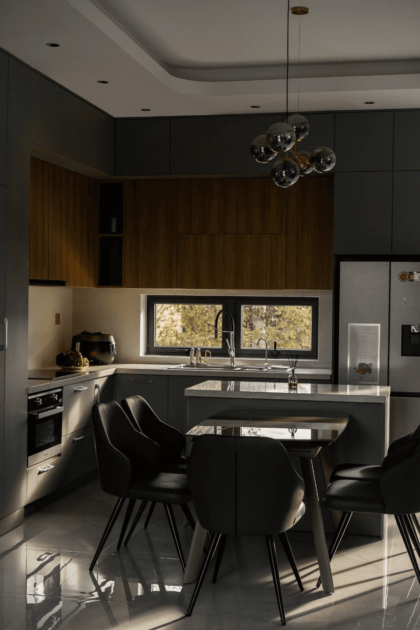 Spacious, luxurious living room with high ceilings, an elegant beige sectional sofa, warm ambient lighting, classical artwork, and rustic architectural elements, featuring an open layout with a view of a mezzanine level.