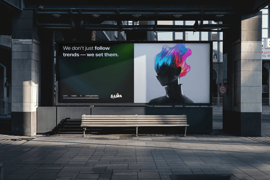Sama Agency billboard advertising with tagline ‘We don’t just follow trends — we set them,’ showcasing bold marketing and creative identity design in Saudi Arabia.