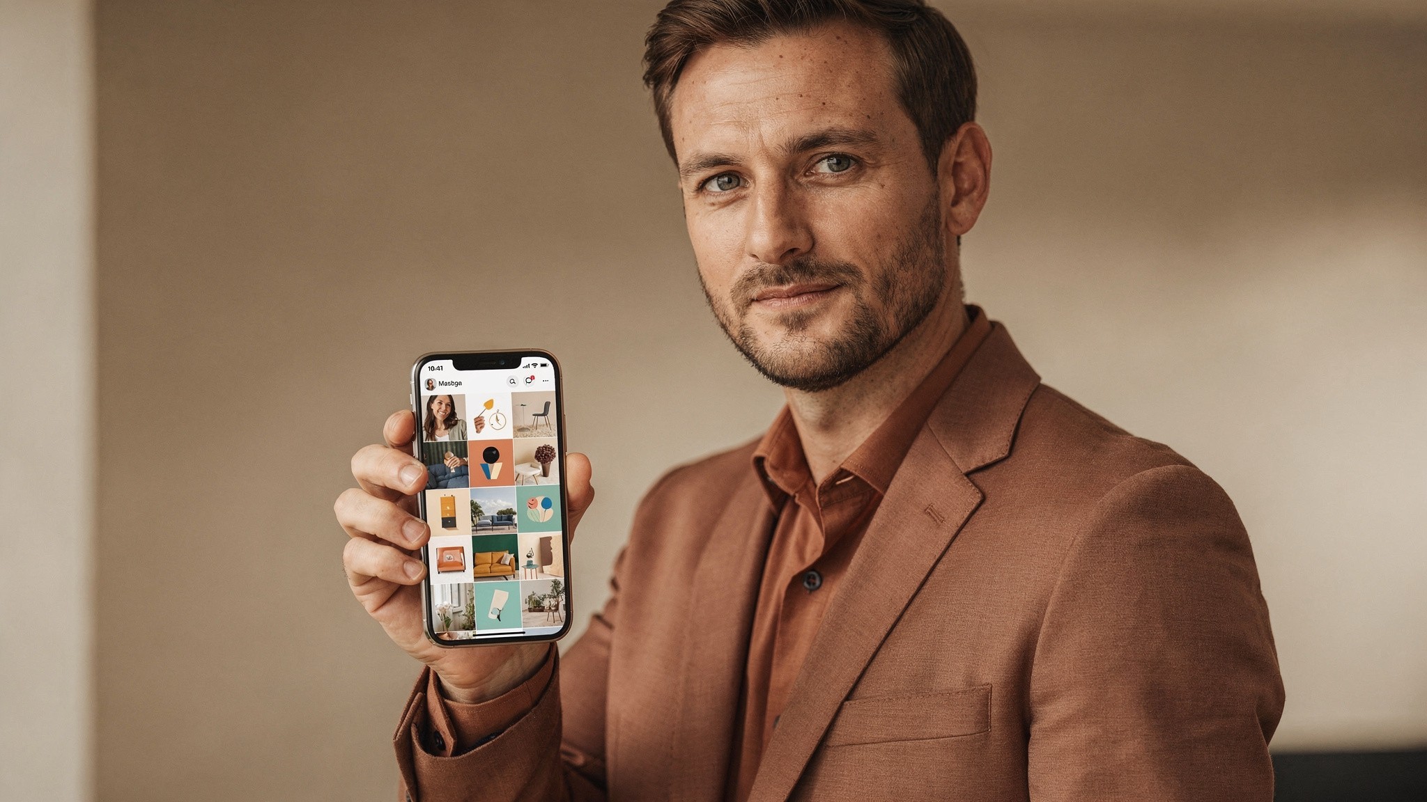 Creator holding a phone showing a polished social profile grid, virtual influencer generator setup
