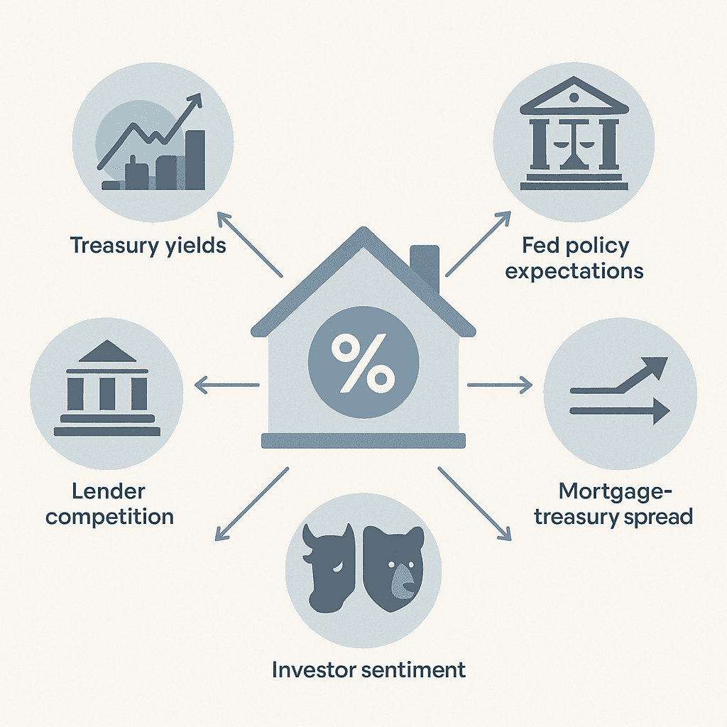 Diagram of five market forces orbiting and influencing Colorado mortgage rates