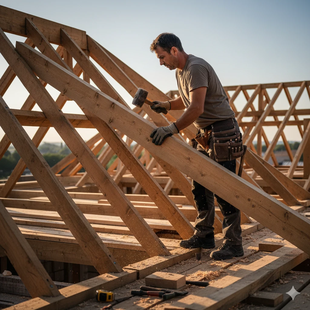 Charpentier assemblant une charpente bois traditionnelle sur un chantier de construction