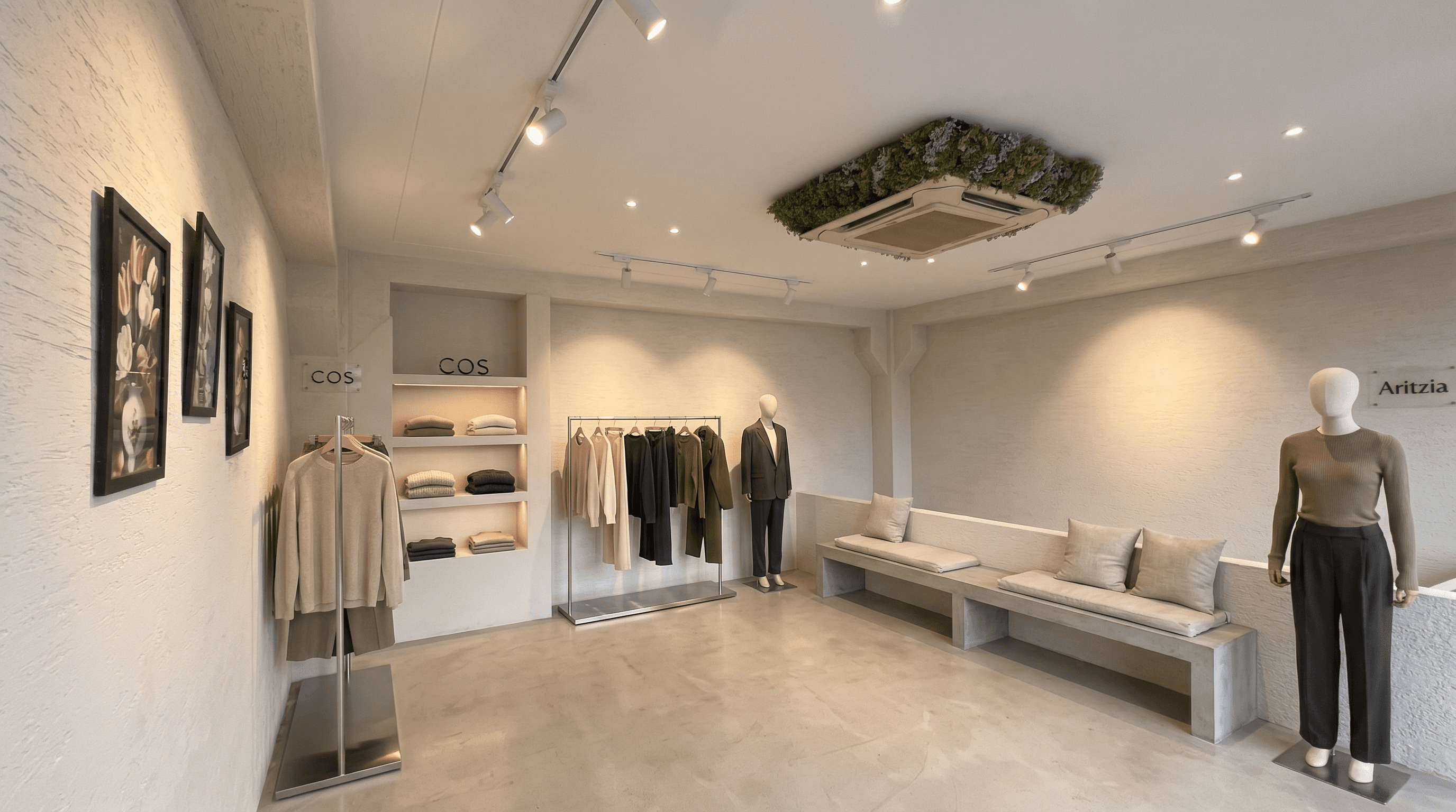 Interior view of “Grand Galleria” showroom by Rankawat Group on Ajmer Jaipur Highway, featuring a modern retail space with minimalist design, neutral-toned clothing displays, mannequins, ambient lighting, and elegant seating area.