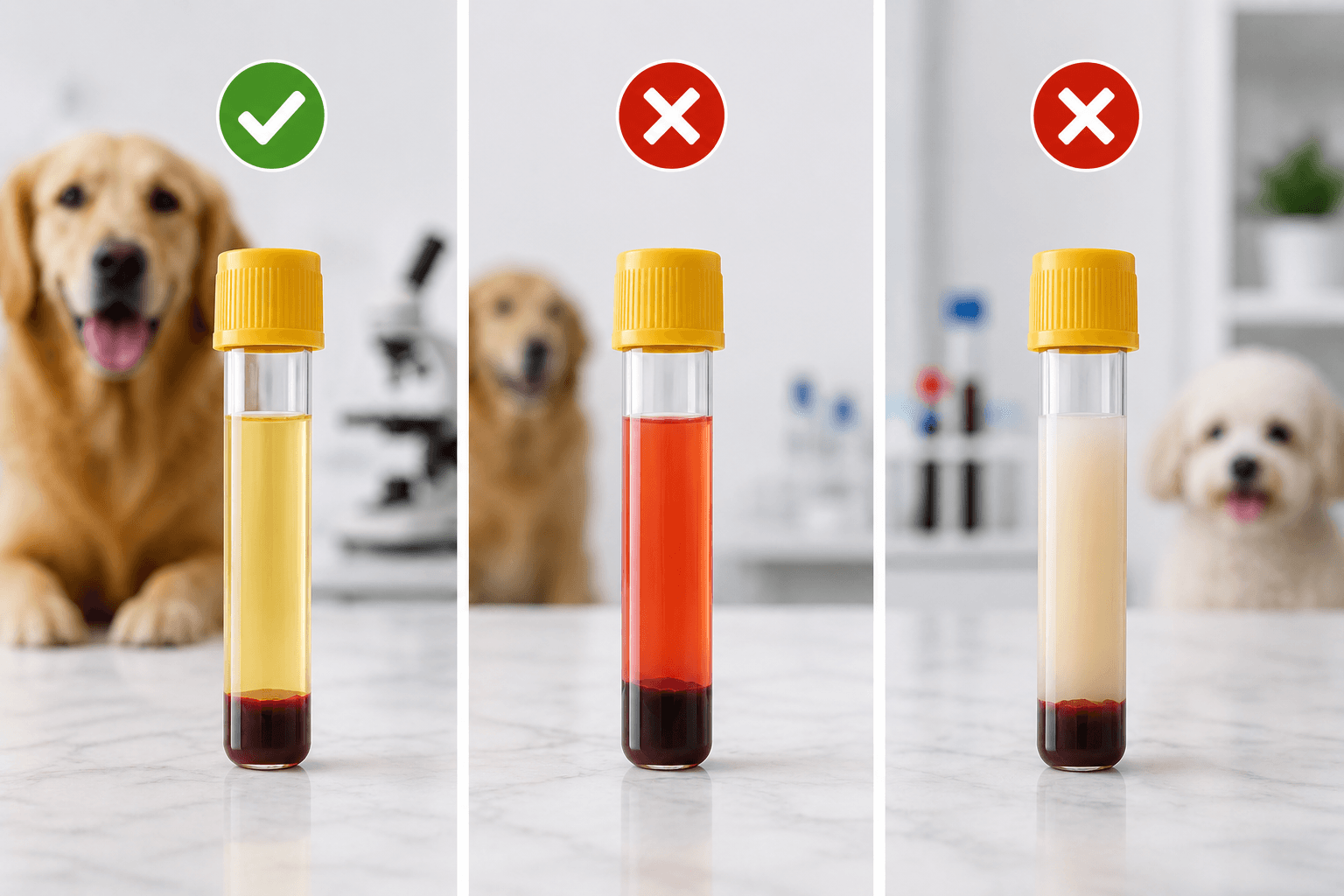 Comparação visual entre três tubos de coleta veterinária com soro normal, hemolisado e lipêmico, indicando com check verde a amostra ideal e com X vermelho as amostras inadequadas.