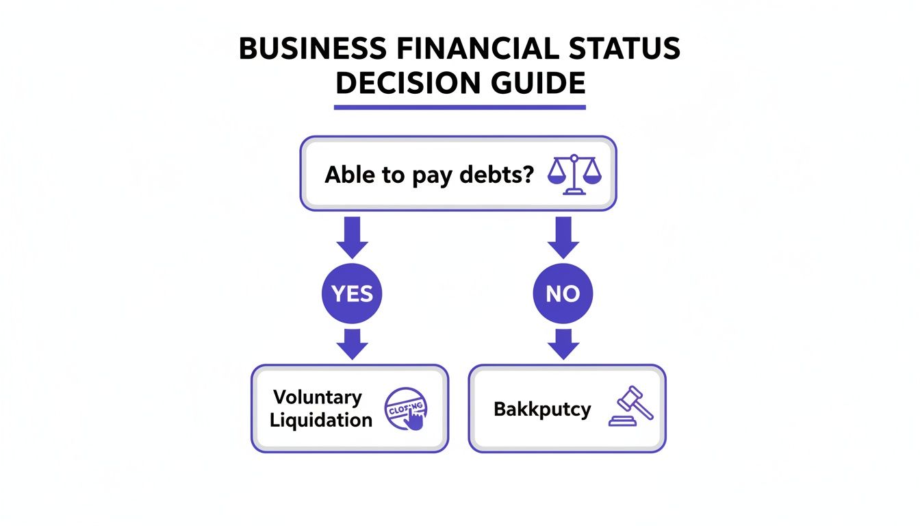 Flowchart guiding business financial status decisions: able to pay debts results in voluntary liquidation, unable to pay leads to bankruptcy.