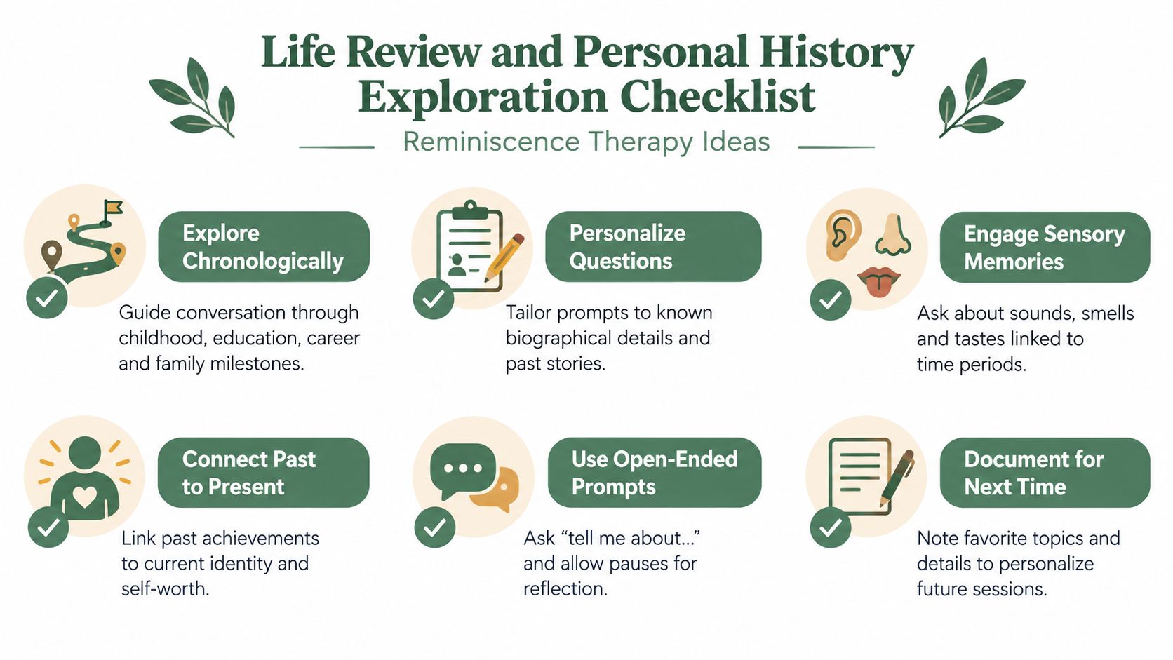 A checklist infographic titled Life Review and Personal History Exploration Checklist with six tips for reminiscence therapy.
