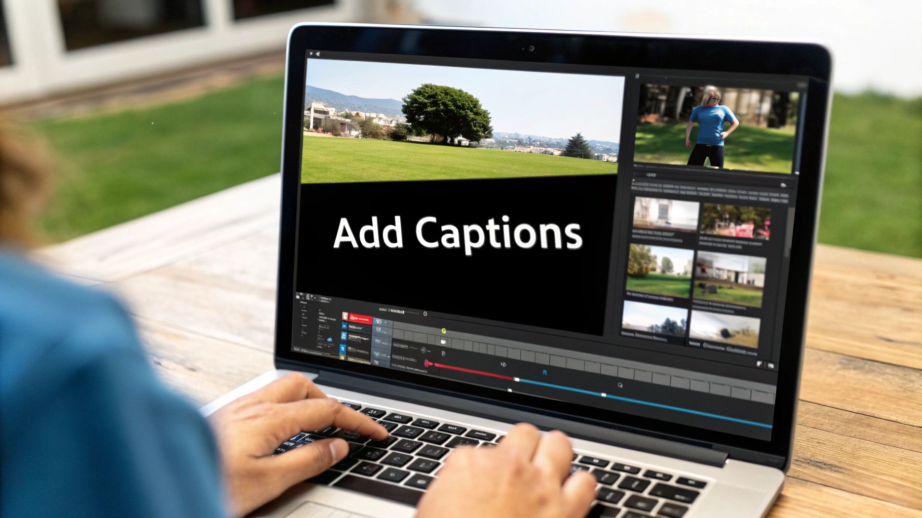 A person adding final touches like captions and thumbnails to an educational video on their Mac.