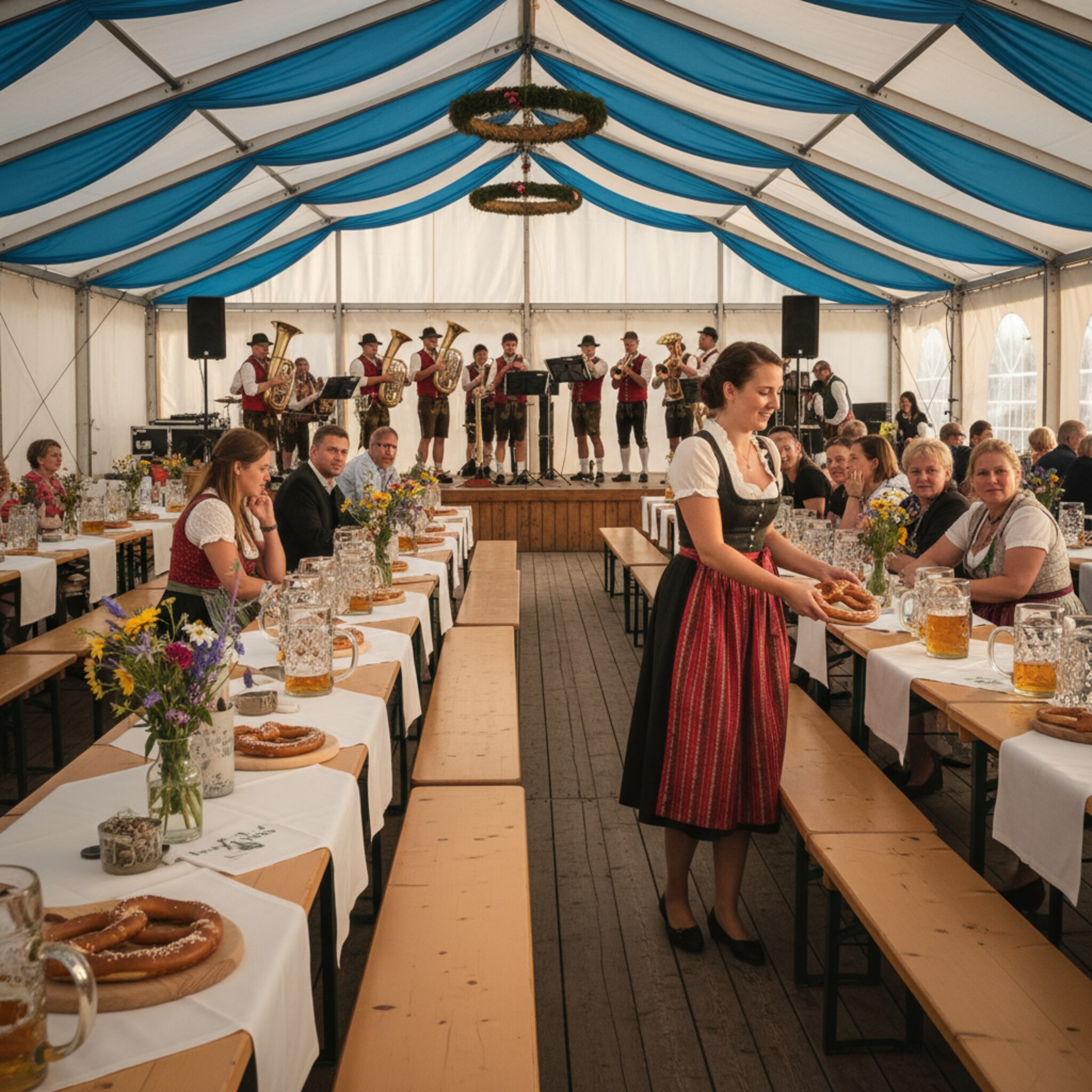 Spätnachmittag im Festzelt: Sonnenlicht fällt durch die Zeltplane, lange Holztische sind frisch eingedeckt, Brezen und Maßkrüge glänzen. Eine Blaskapelle stimmt leise den Soundcheck an, der Raum summt vor Vorfreude. Bedienungen rücken Bänke zurecht, während erste Gäste neugierig eintreten.