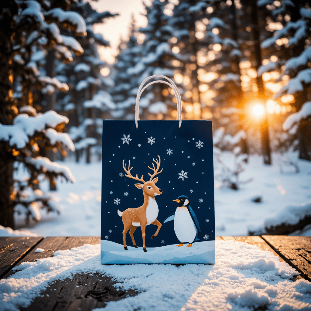 product photography of a decorative gift bag with a holiday theme
