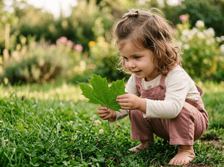 Toddler exploring nature and discovering a leaf during outdoor play at daycare