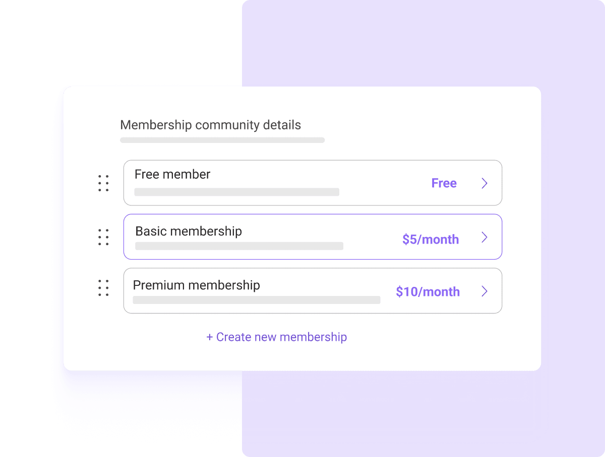 Screenshot of three membership tiers in a Wylo-built community, displaying pricing, benefits, and subscription options.