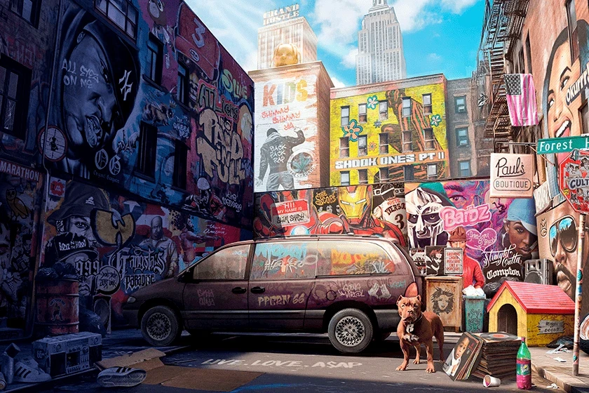 Décor d'un jeu PopCorn Garage, un paysage urbain New-Yorkais rempli de références rap us à retrouver.