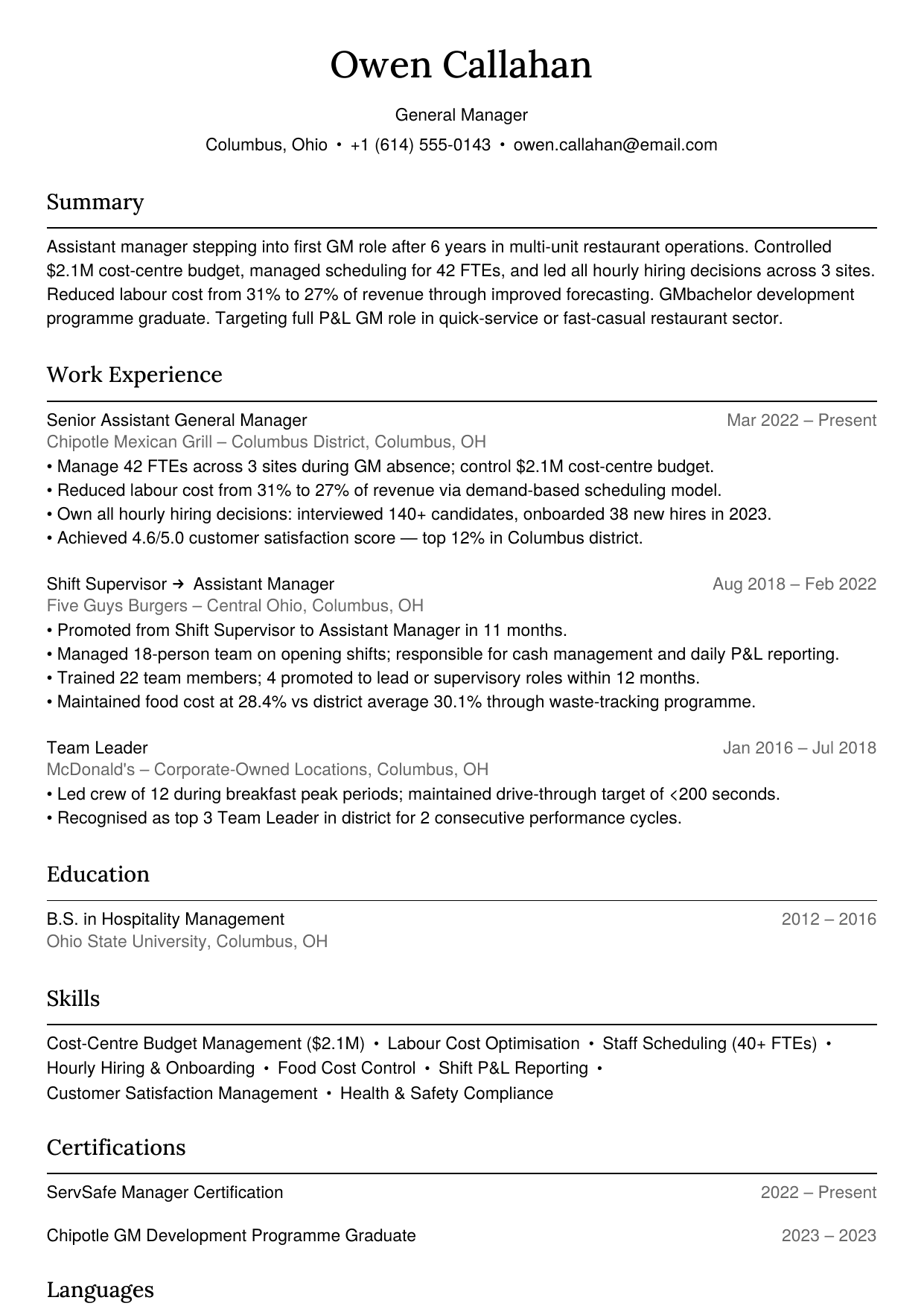 First-time general manager resume example