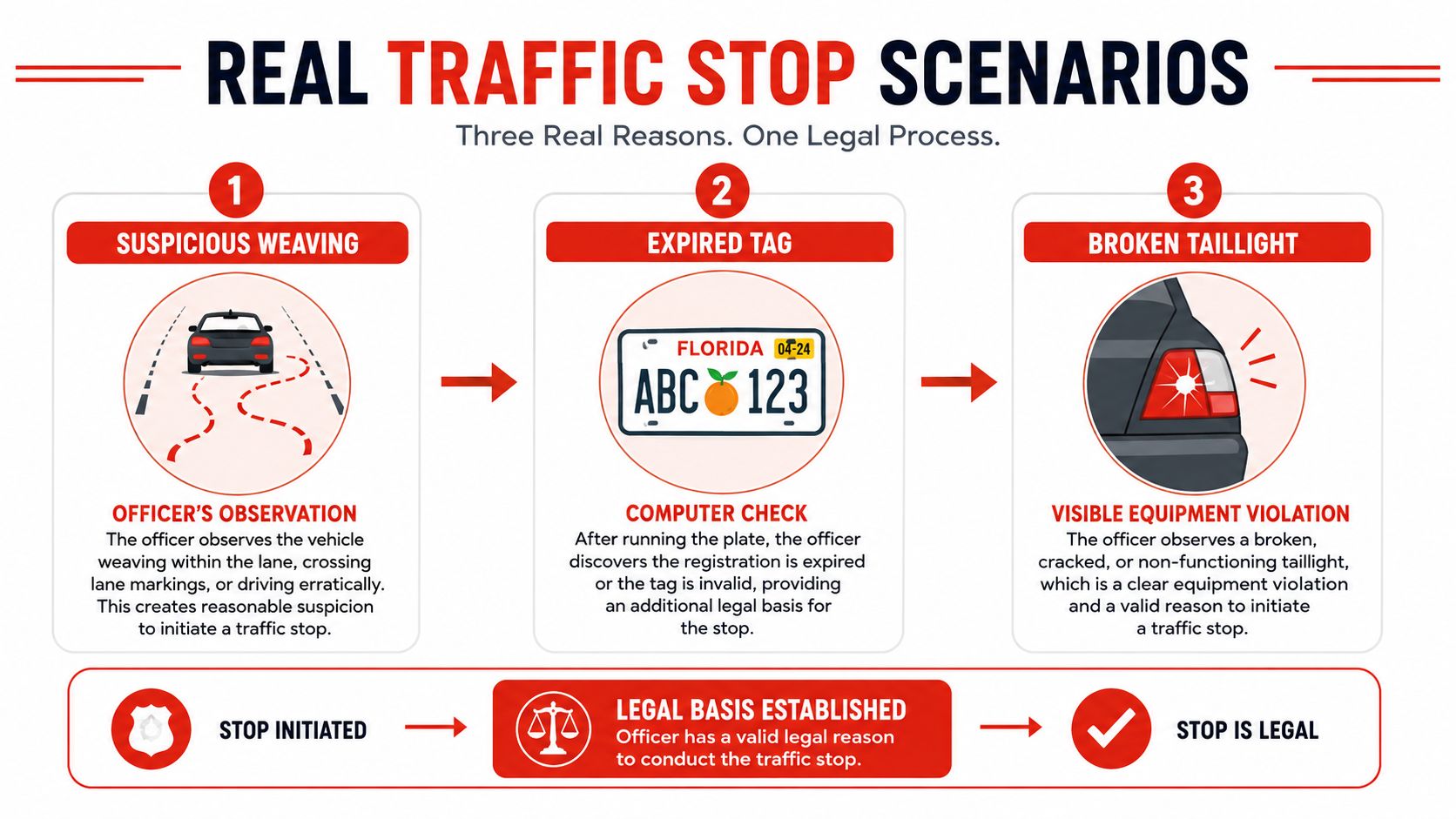 An infographic showing three legal reasons for a police traffic stop including weaving, expired tags, and broken taillights.