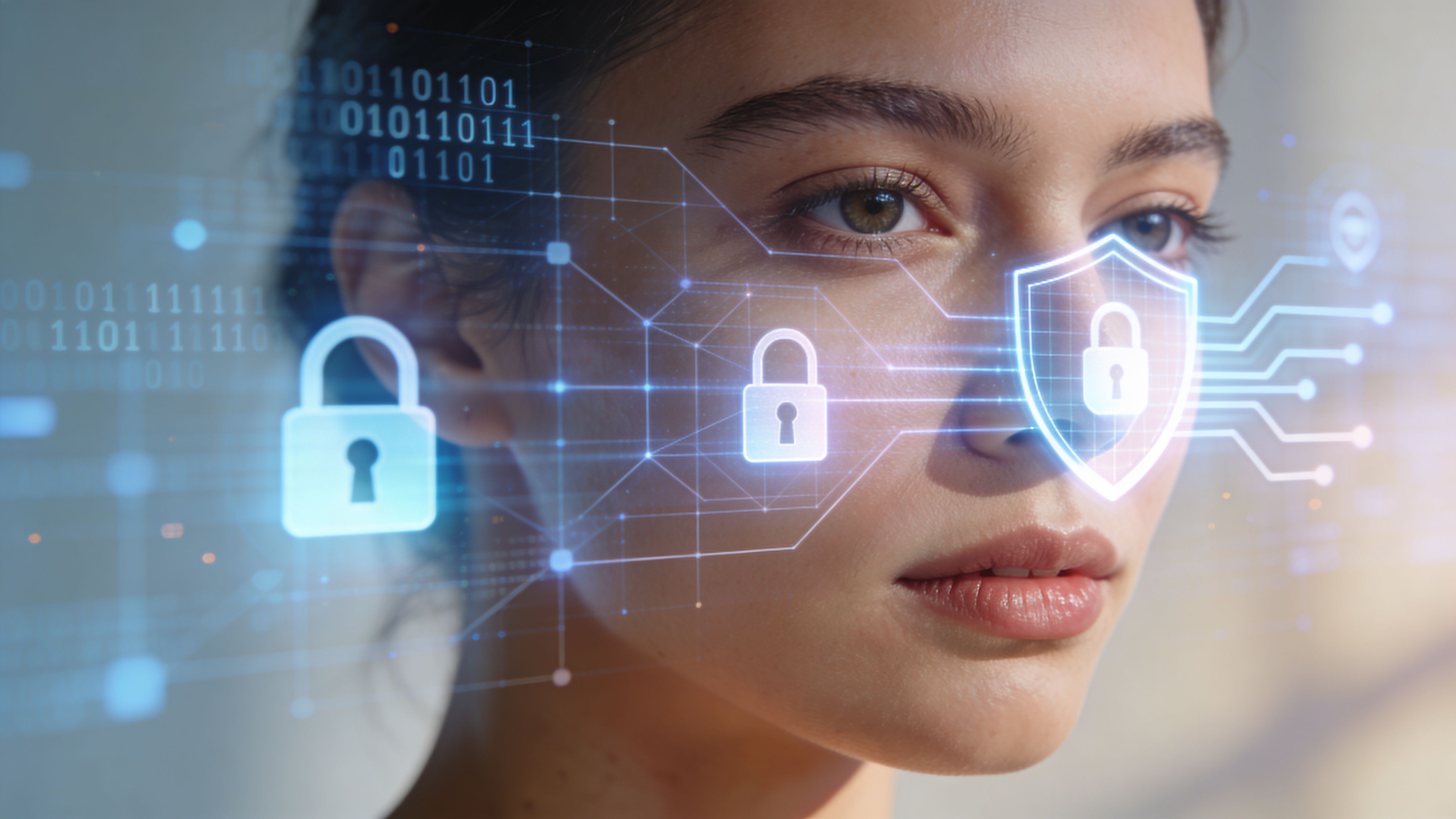 Eine junge Frau wird durch digitale Sicherheits-Symbole und biometrische Scan-Technologien im Gesicht überlagert dargestellt.