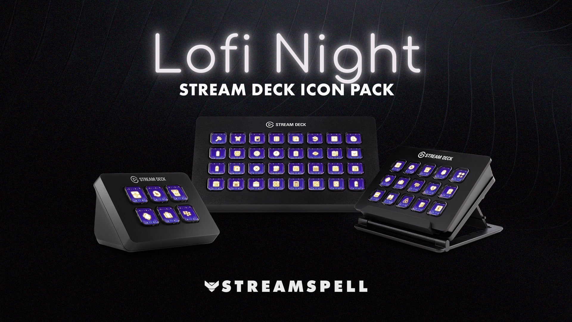 Lofi Night Stream Deck Icons preview showing animated controls for a cozy streamer setup.