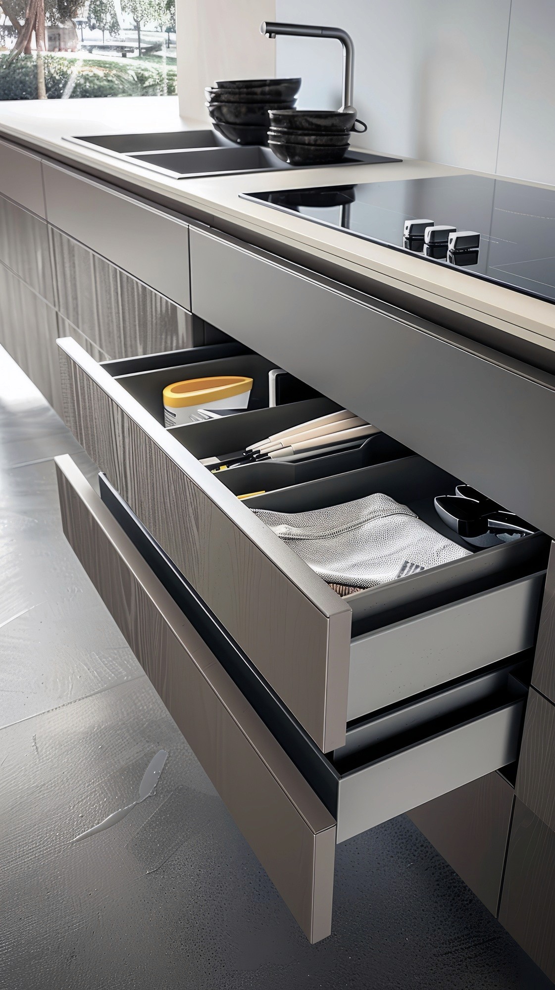 A compact kitchen showcasing smart storage solutions