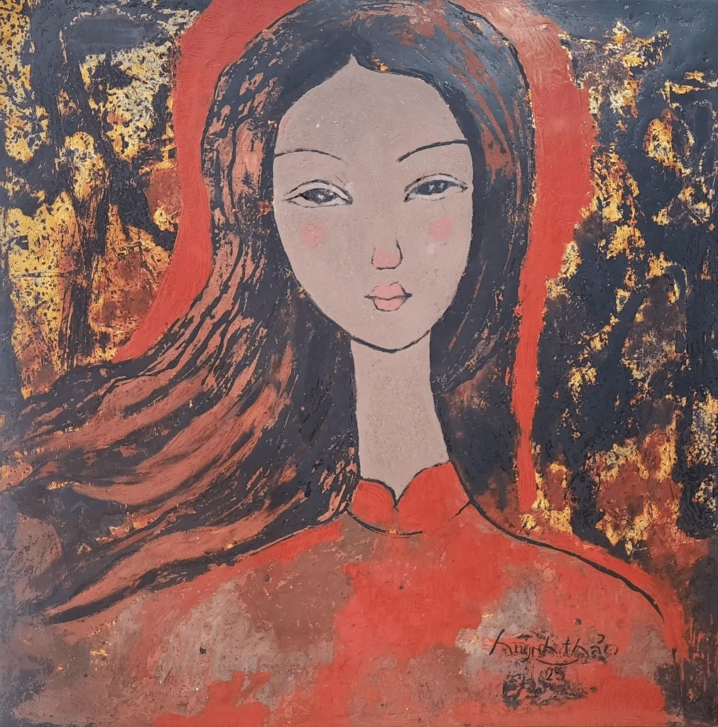 Painting of a woman with dark hair and a red garment.