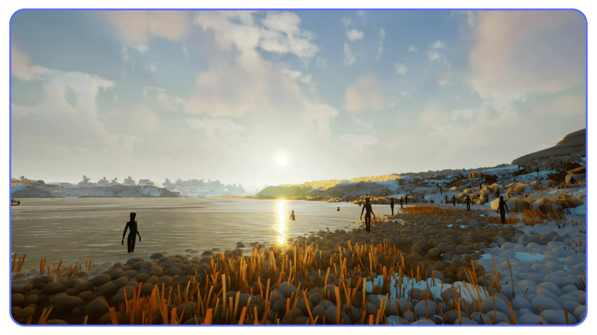 Stylized Unreal Engine environment with characters near water at sunset